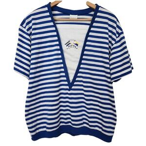 Vtg Jantzen Sailing Tee Womens XL Blue White Breton Stripes Nautical Embroidered